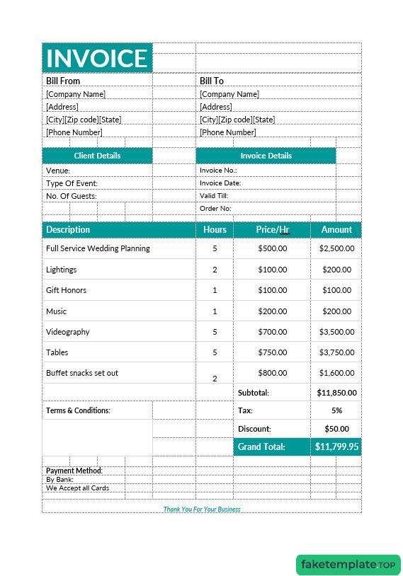 Feature of fake Event planning invoice example